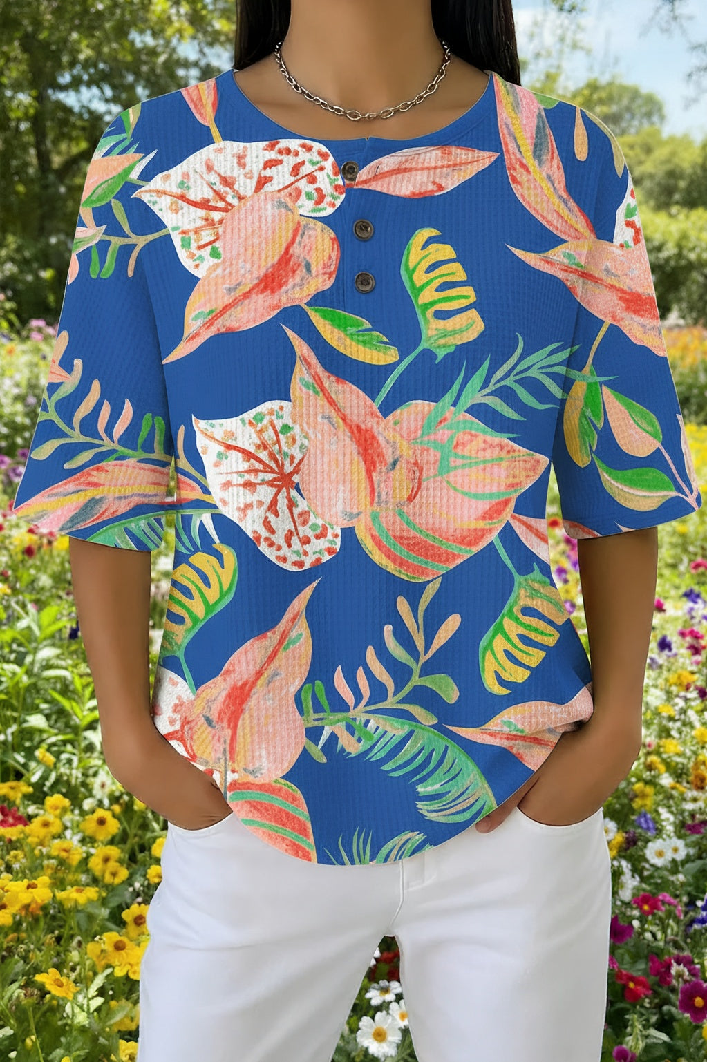 Tropical Floral Button Henley Waffle Knit Top