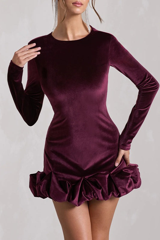 Luxe Velvet Crew Neck Pleated Long Sleeve Mini Dress - View 4
