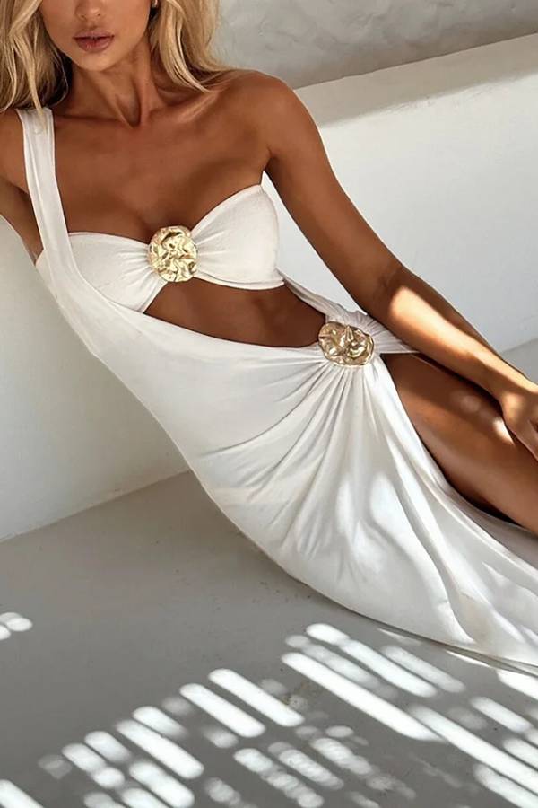 Metal Flower Decor One Shoulder High Slit Midi Dresses Swimsuit 3pcs Set-White - Fashionpara