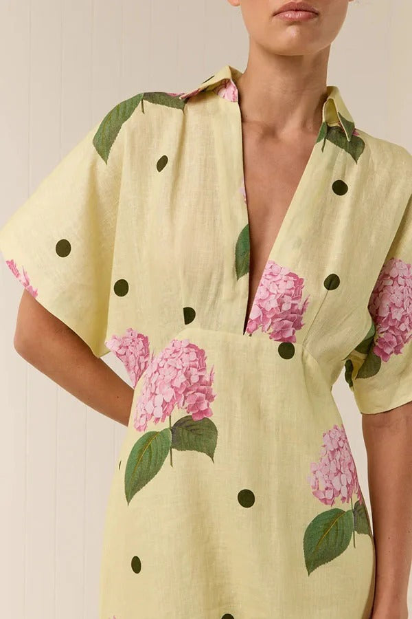 Jasmine Linen Blend Floral Polka Dot Wide Sleeve Shirt Maxi Dress - Fashionpara