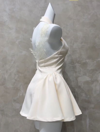 Elegant Off White Satin Lace A Line Short Party Dress Formal 8th Grade Homecoming Dress D286