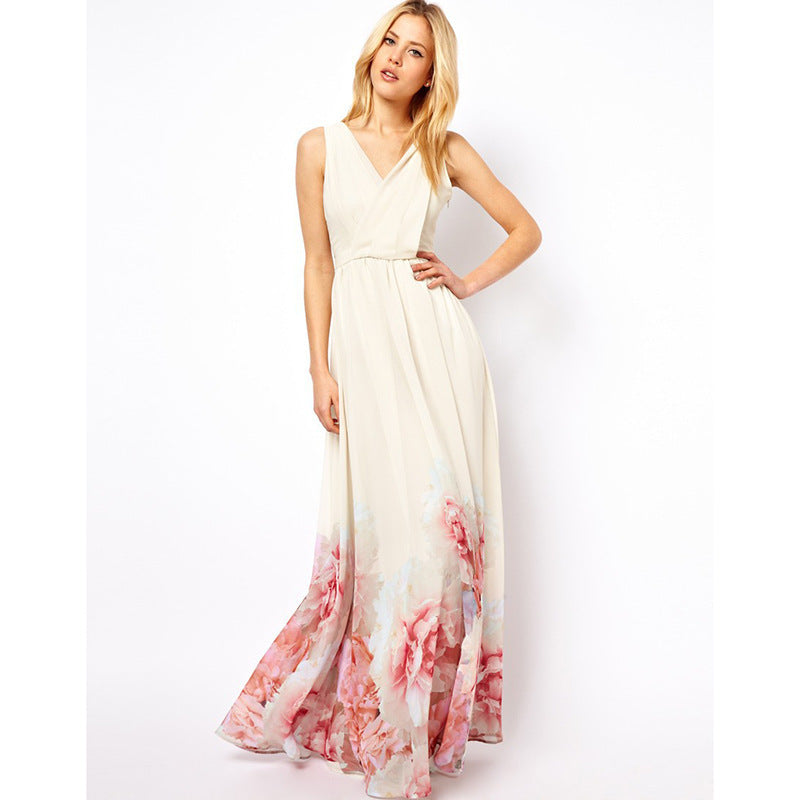Floral Print V-Neck Sleeveless Pleated Maxi Dress
