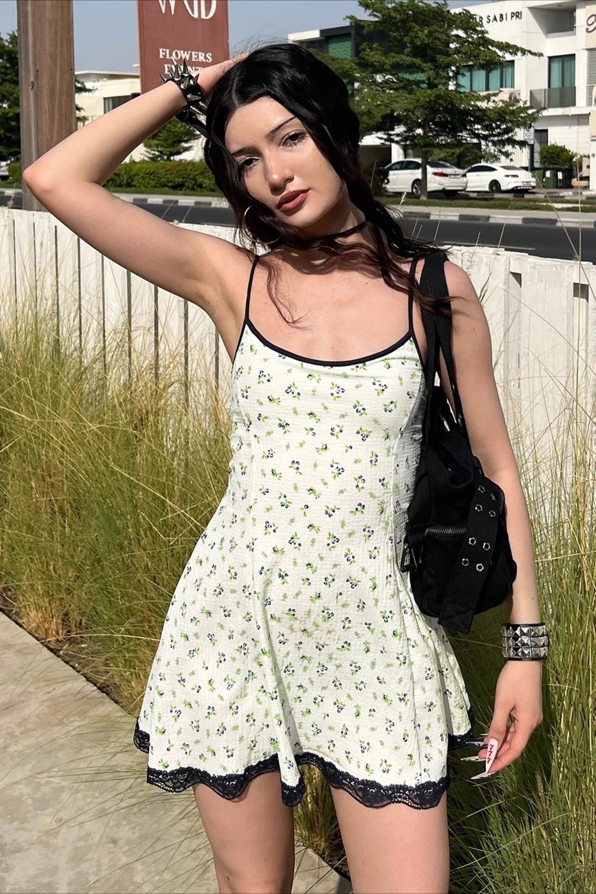 Ditsy Floral Lace-Trim Spaghetti Strap Mini Dress