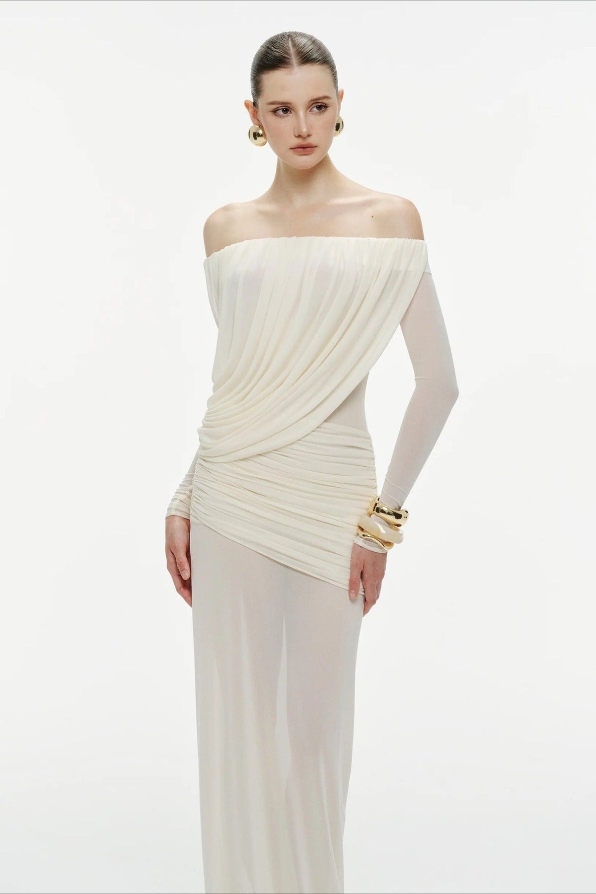 Mesh Off-Shoulder Long Sleeve Draped Column Maxi Gown