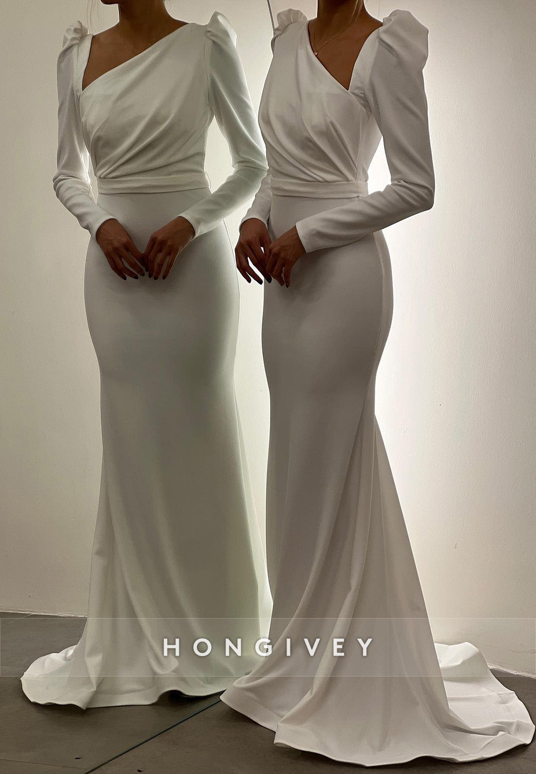 L2966 - Trumpet Asymmetrical Long Sleeve Empire Party Prom Evening Dress - Fashionpara