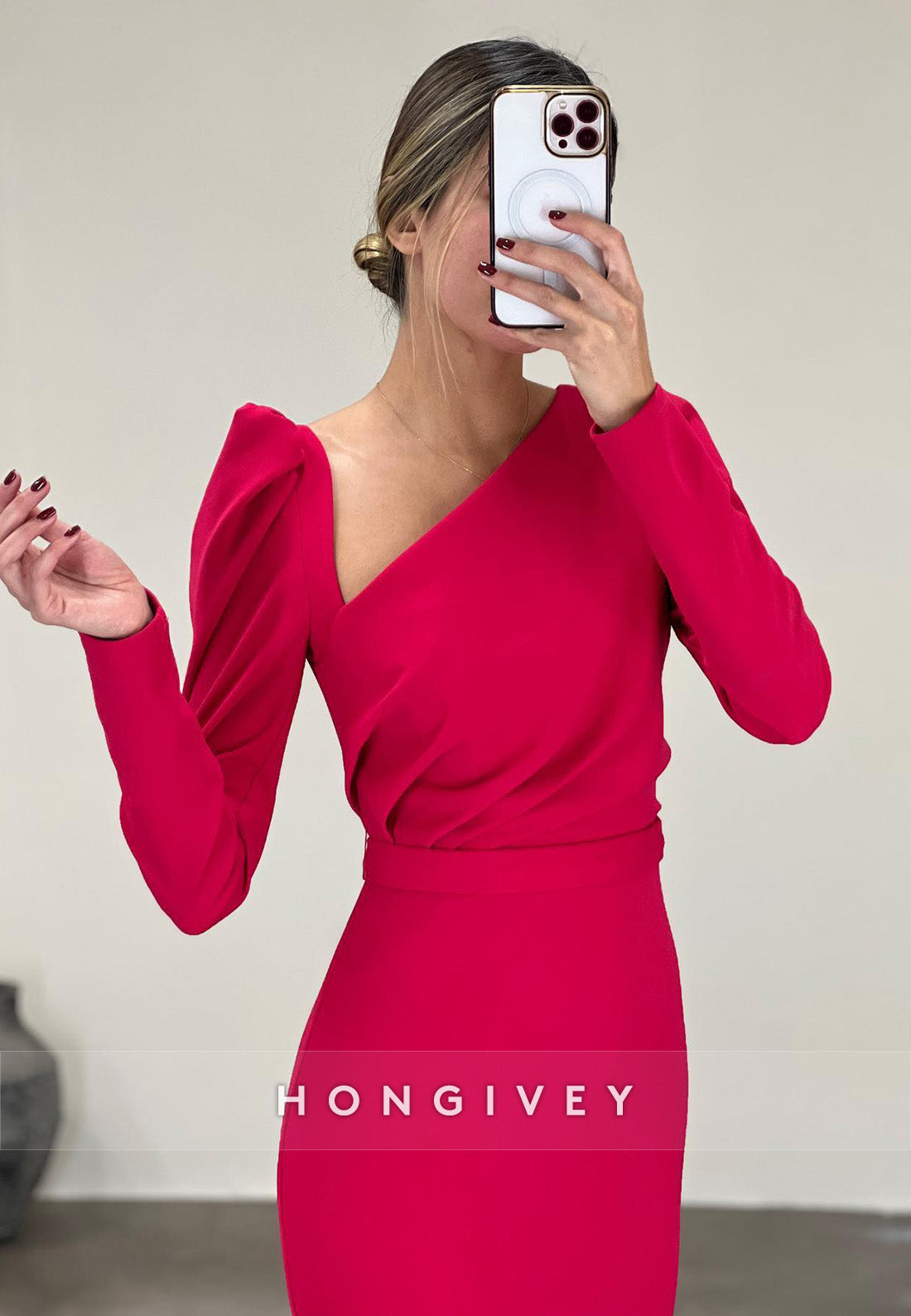 L2966 - Trumpet Asymmetrical Long Sleeve Empire Party Prom Evening Dress - Fashionpara