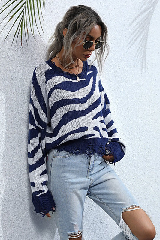Chic Distressed Zebra Print Sweater for Effortless Style