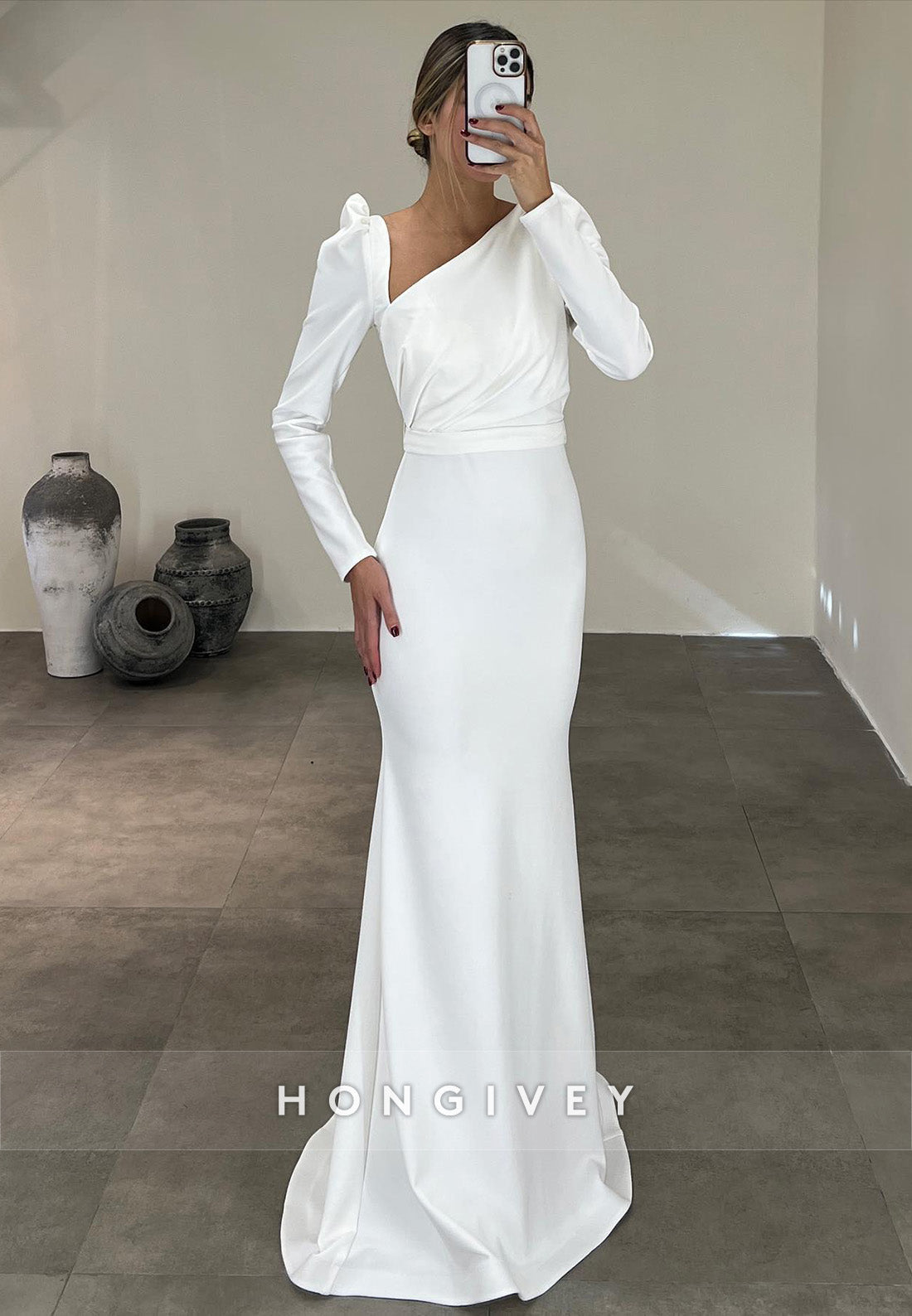 L2966 - Trumpet Asymmetrical Long Sleeve Empire Party Prom Evening Dress - Fashionpara
