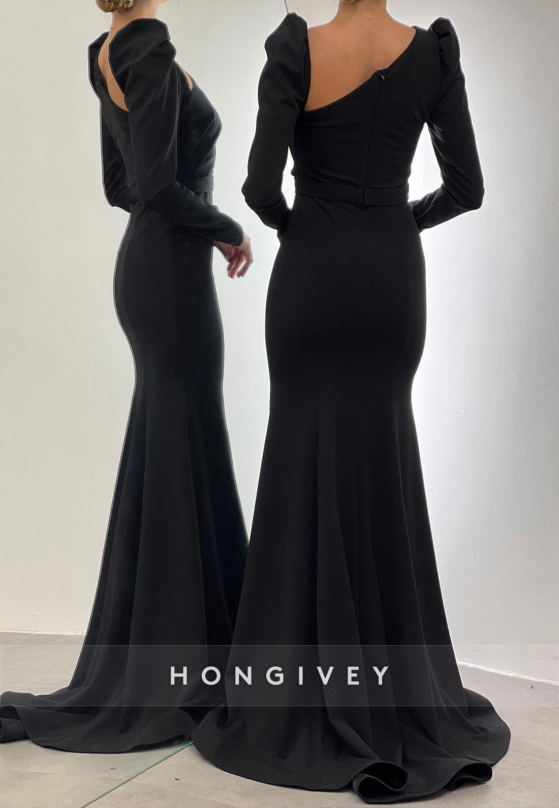 L2966 - Trumpet Asymmetrical Long Sleeve Empire Party Prom Evening Dress - Fashionpara