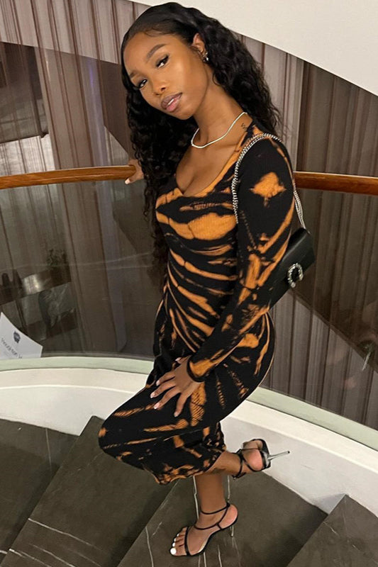 Sexy U-Neck Floral Print Long Sleeve Bodycon Maxi Dress