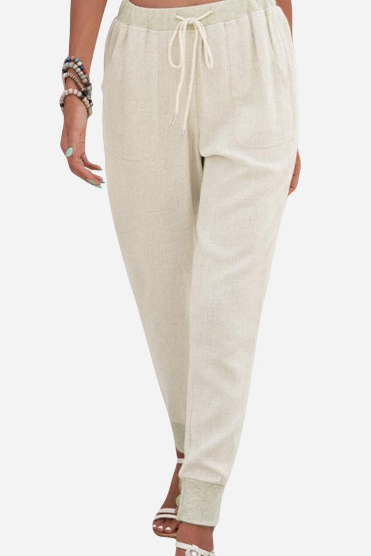 Drawstring High Waist Patch Pocket Linen Look Jogger Pants 2