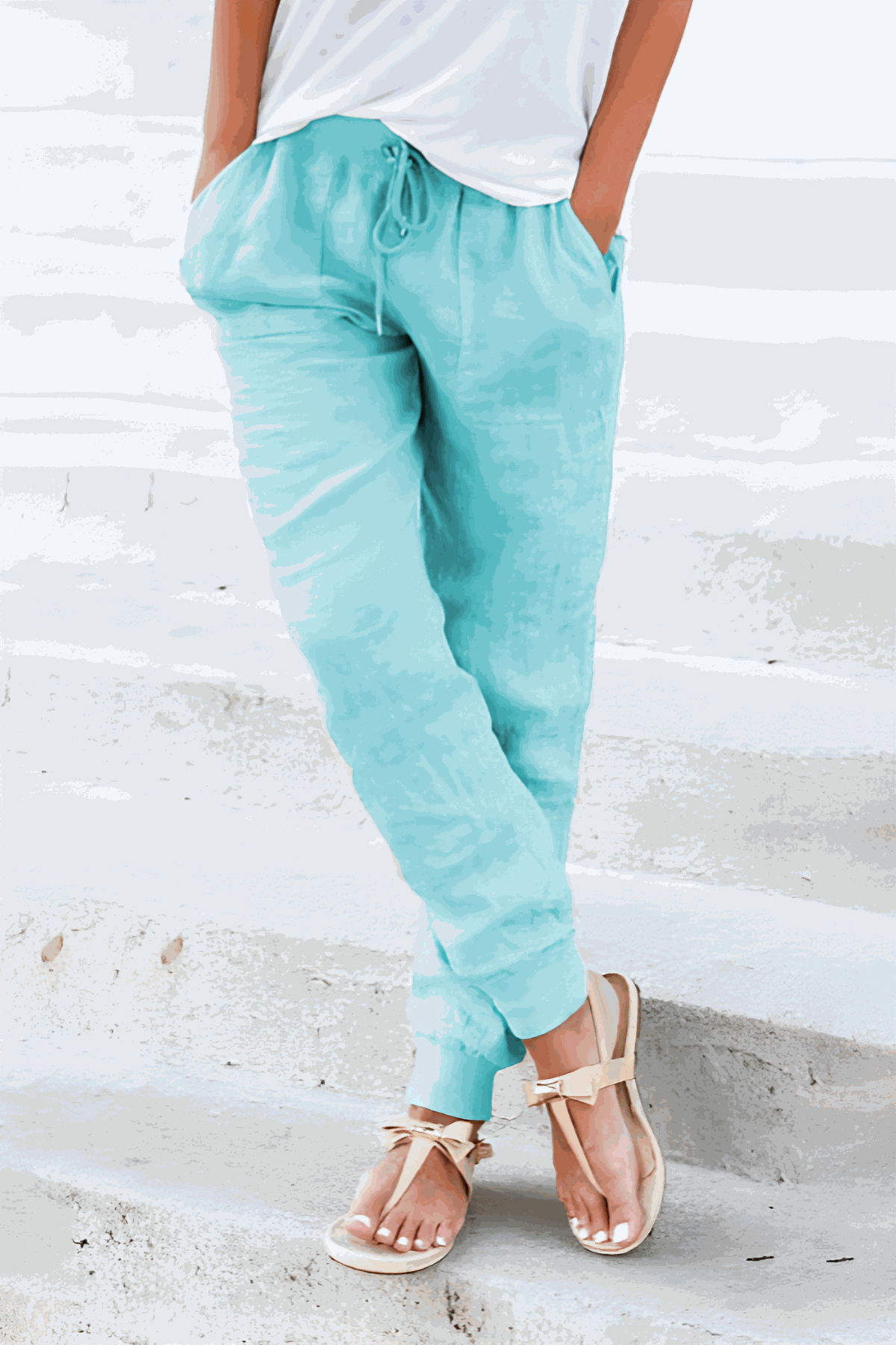 Drawstring High Waist Patch Pocket Linen Look Jogger Pants 4