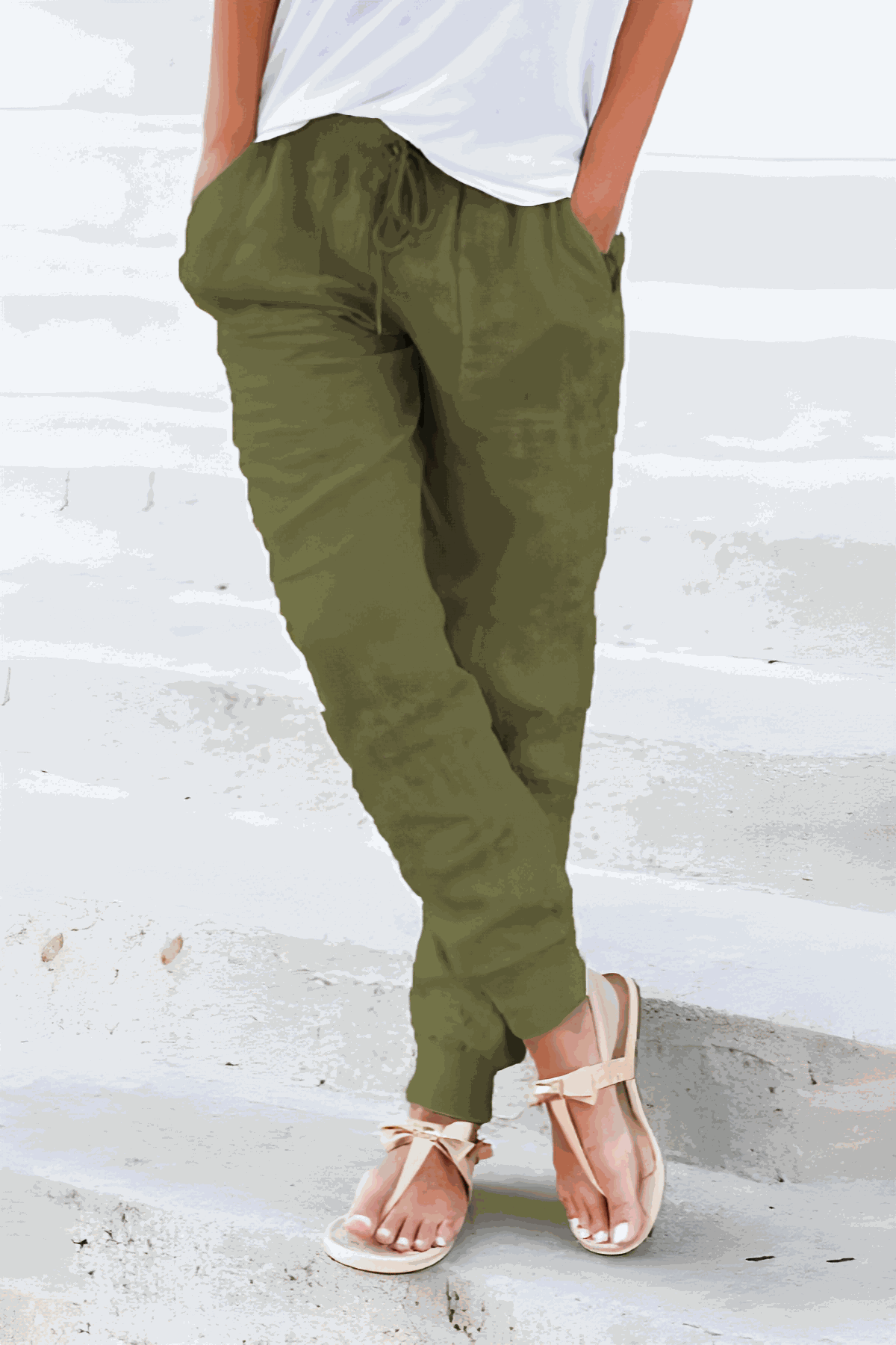 Drawstring High Waist Patch Pocket Linen Look Jogger Pants 6