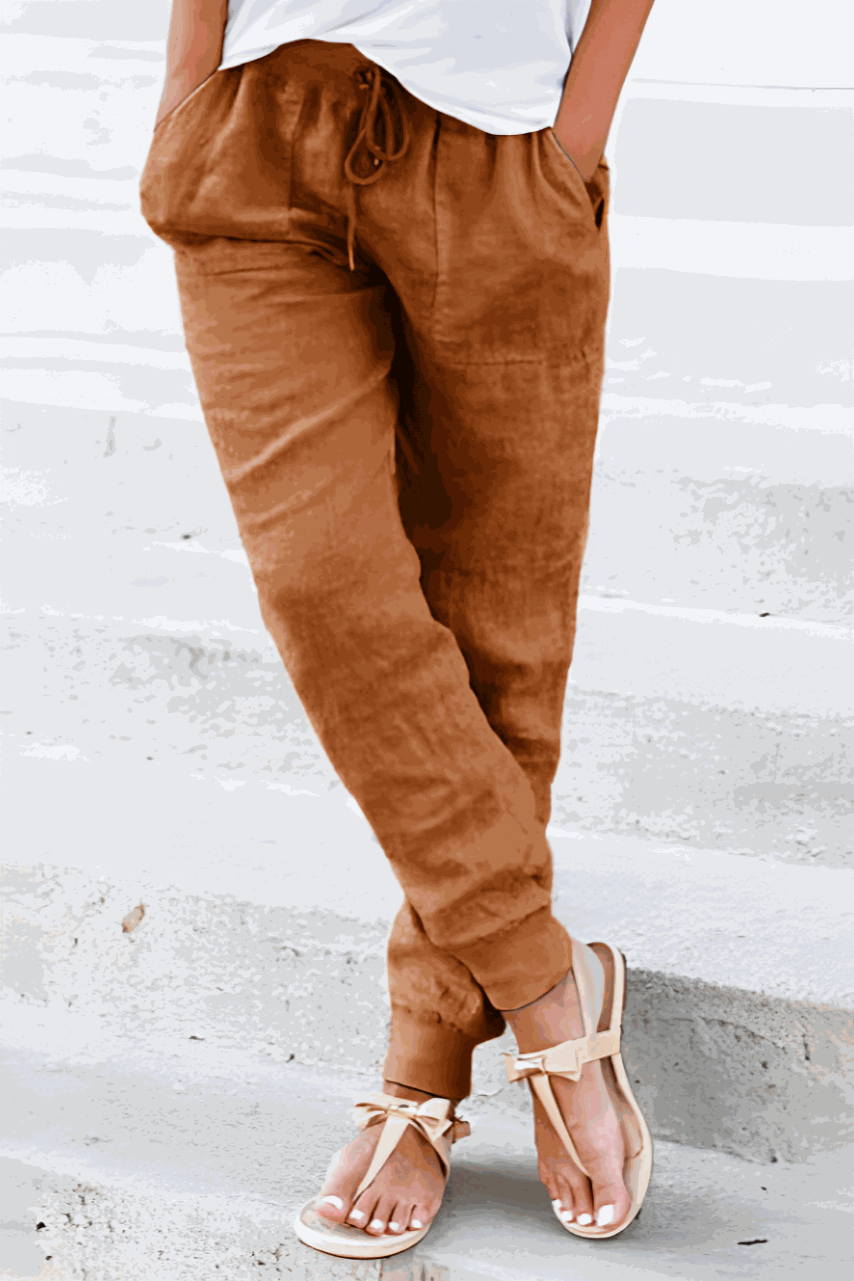 Drawstring High Waist Patch Pocket Linen Look Jogger Pants 7
