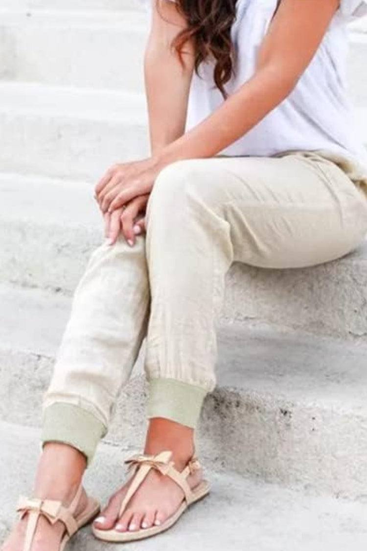 Drawstring High Waist Patch Pocket Linen Look Jogger Pants 9