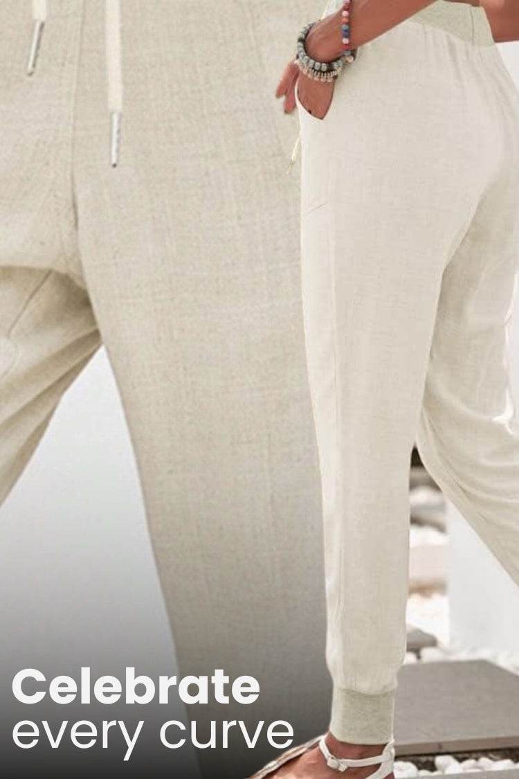 Drawstring High Waist Patch Pocket Linen Look Jogger Pants 11