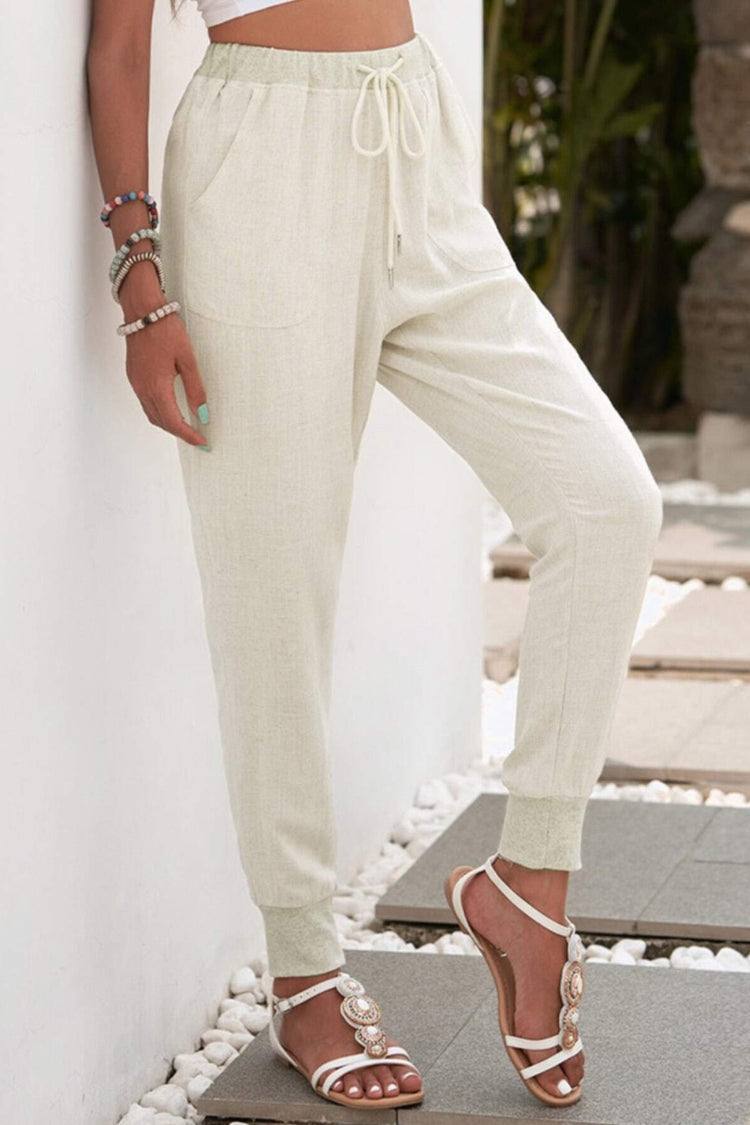 Drawstring High Waist Patch Pocket Linen Look Jogger Pants 12