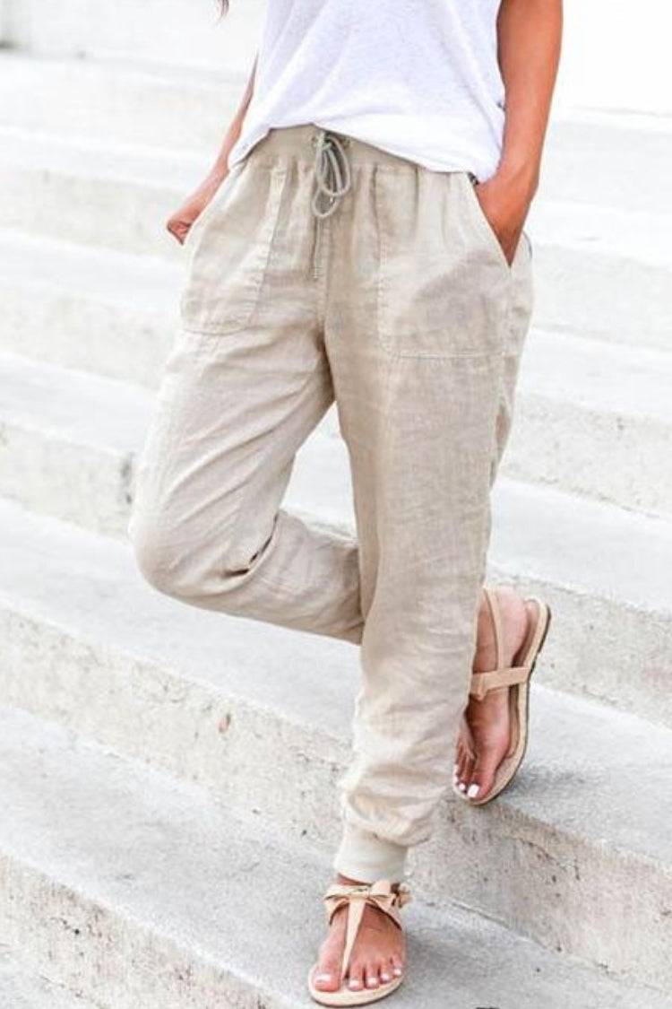 Drawstring High Waist Patch Pocket Linen Look Jogger Pants 13
