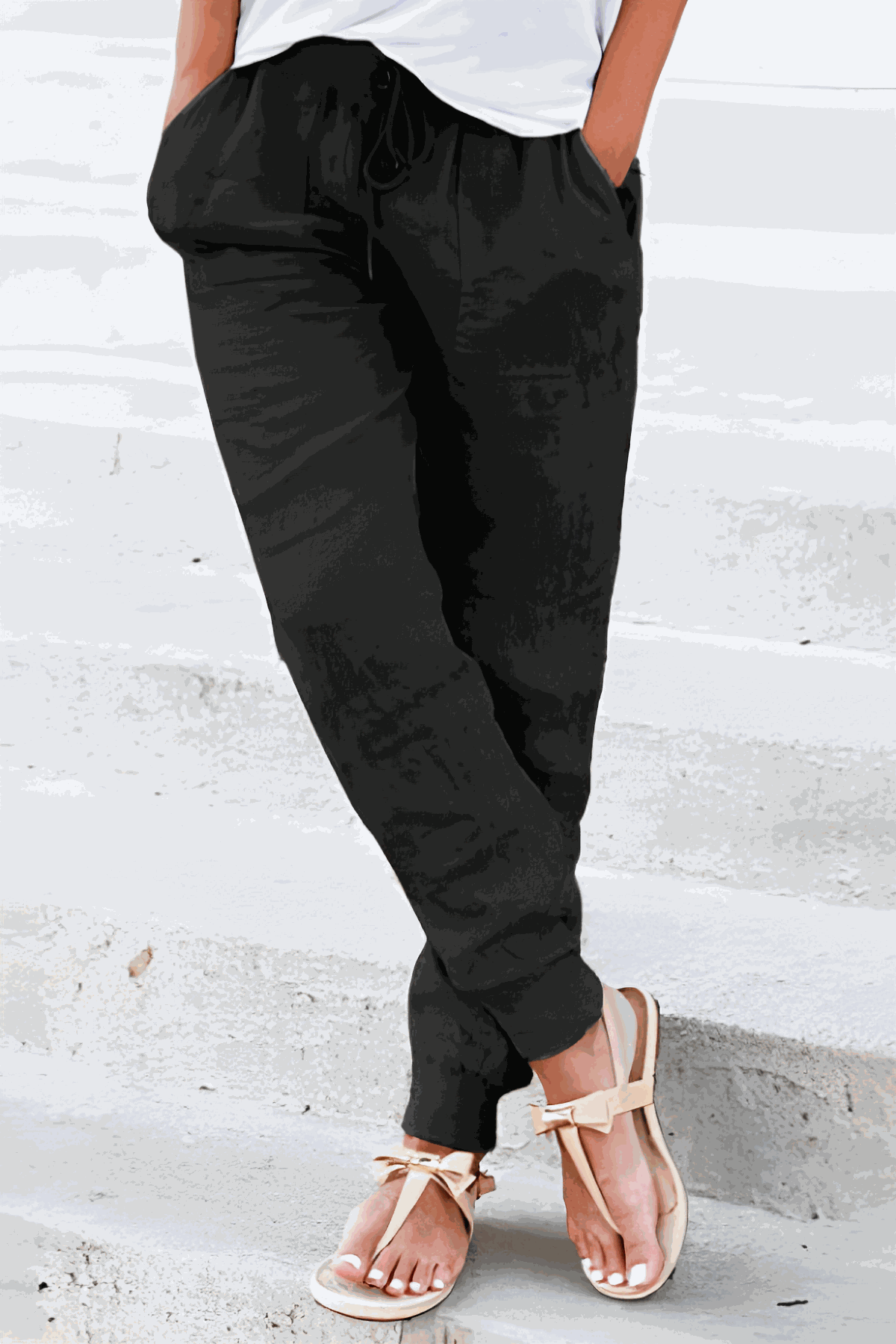 Drawstring High Waist Patch Pocket Linen Look Jogger Pants 3