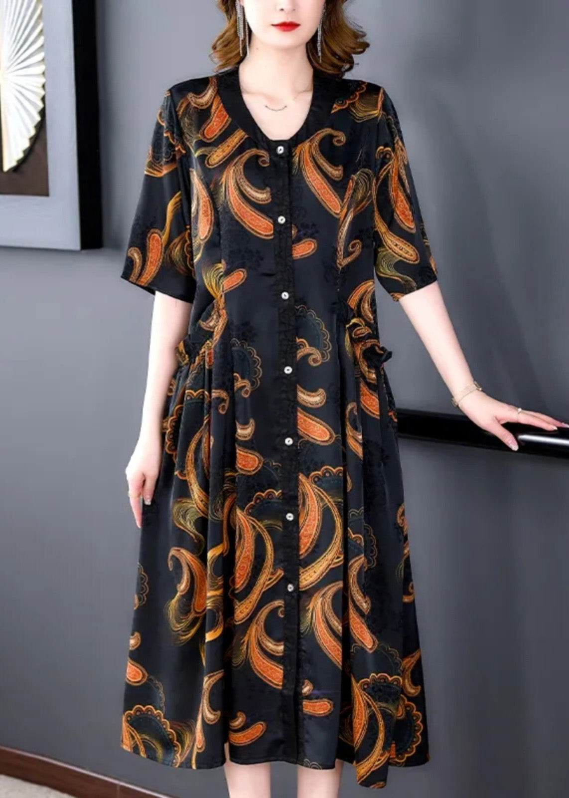 Paisley Print V-Neck Short Sleeve Button Front A-Line Midi Dress - View 2