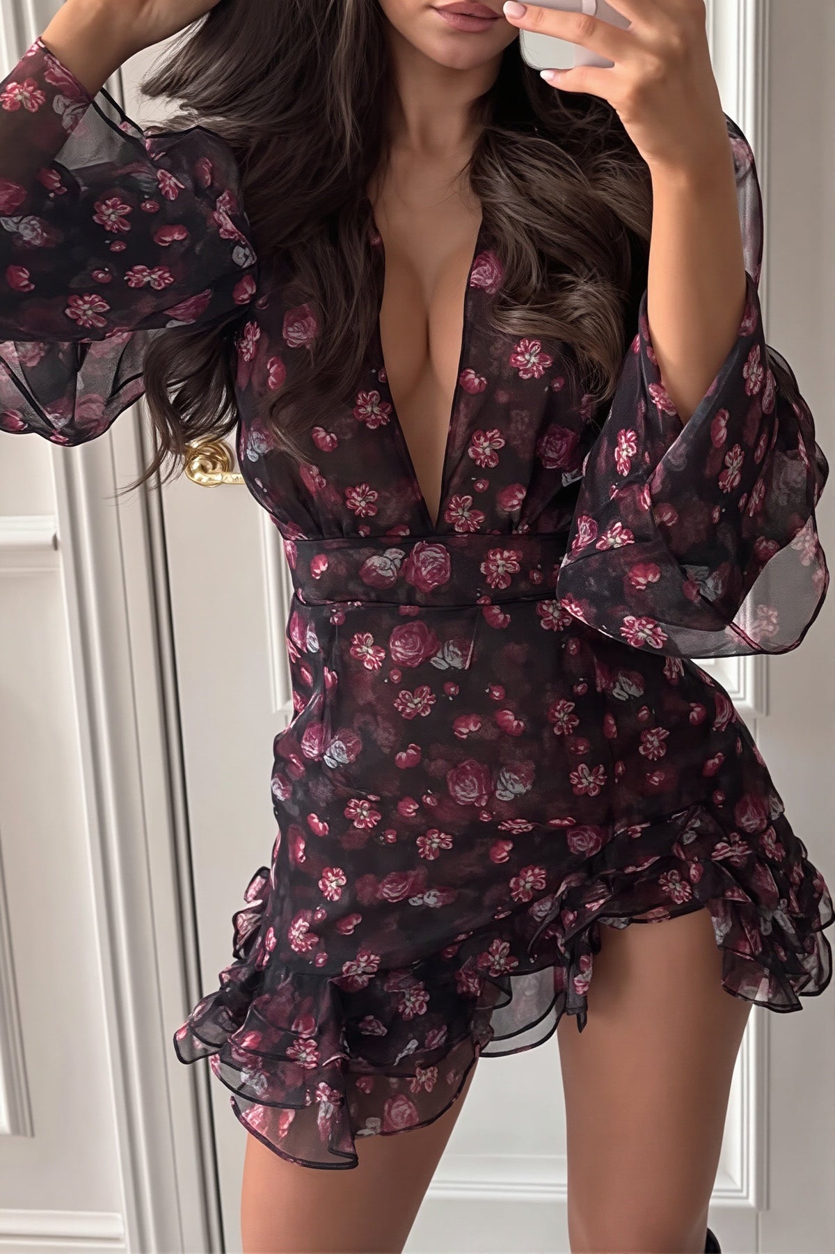 Floral Deep V-Neck Bell Sleeve Ruffle Mini Dress