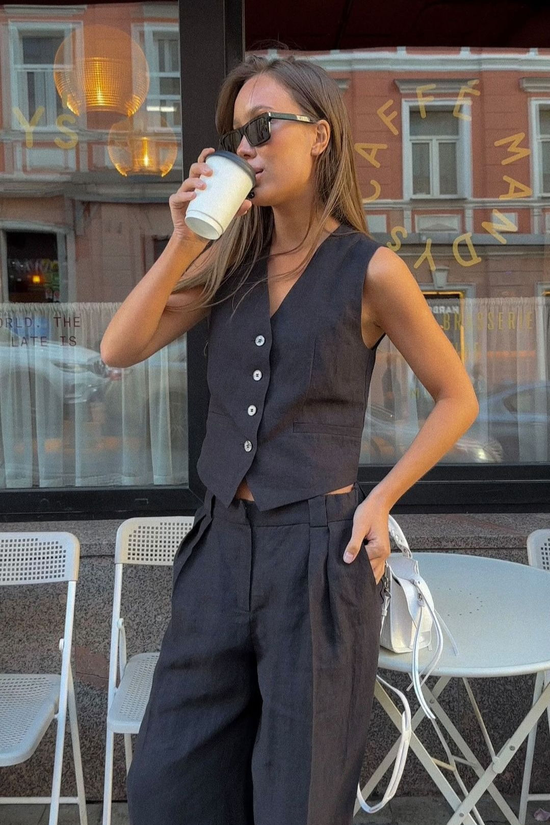 Button Vest Relaxed Low Rise Pants Set