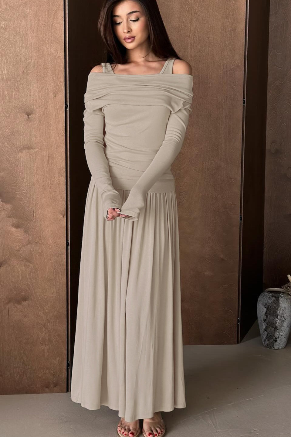 Off Shoulder Long Sleeve Drop Waist Pleated Maxi Dress