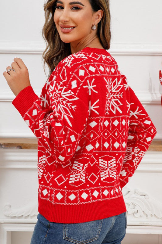 Chic Color Block Snowflake Print Sweater