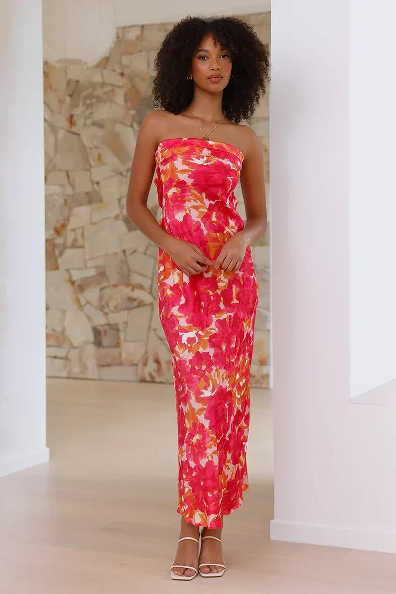 Strapless Foldover Bust Large Floral Print Column Midi Dress