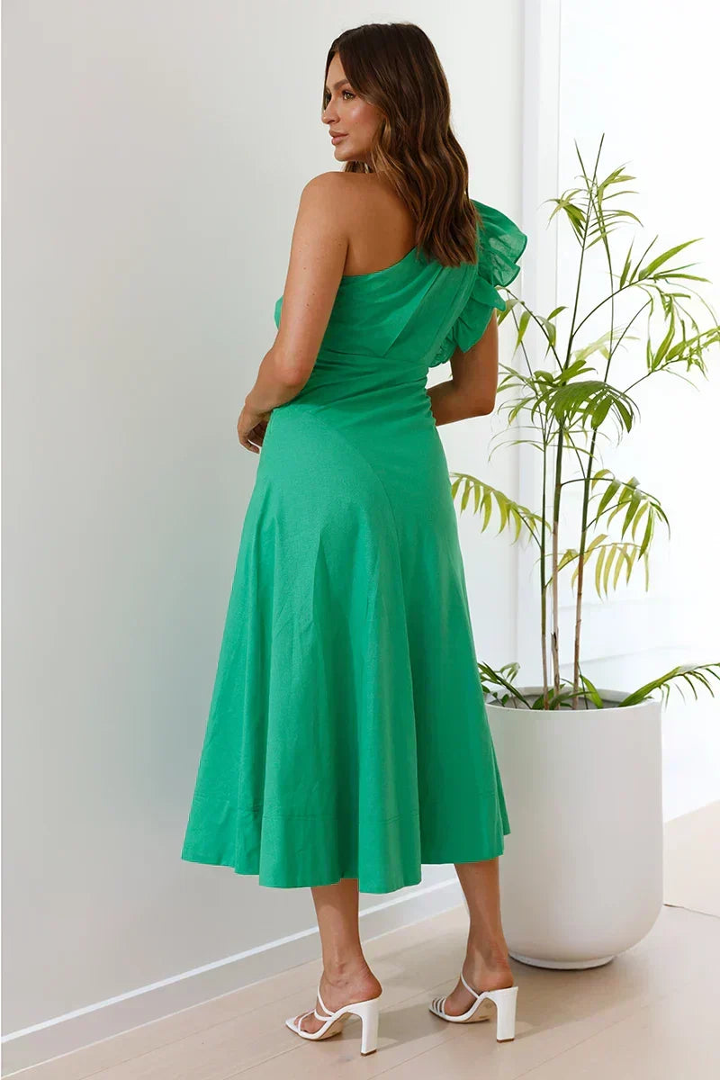 One Shoulder Ruffle Ruched Fit and Flare Midi Dress - View 3