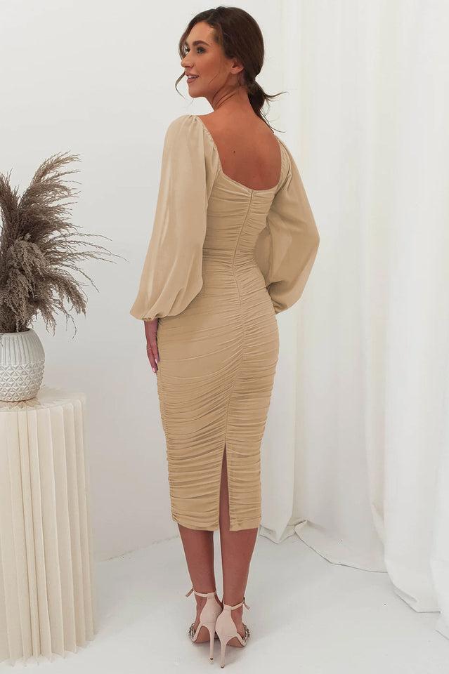 Square Neck Puff Sleeve Ruched Bodycon Midi Dress