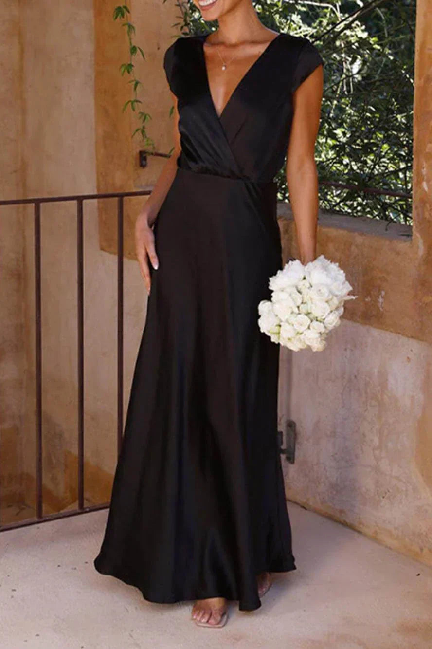 Satin Deep V-Neck Wrap Cap Sleeve Maxi Bridesmaid Gown - View 2