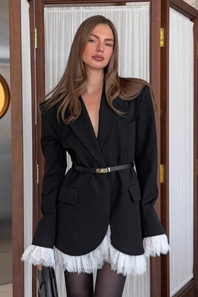 Black Lace V Neck Blazer Coat - Fashionpara
