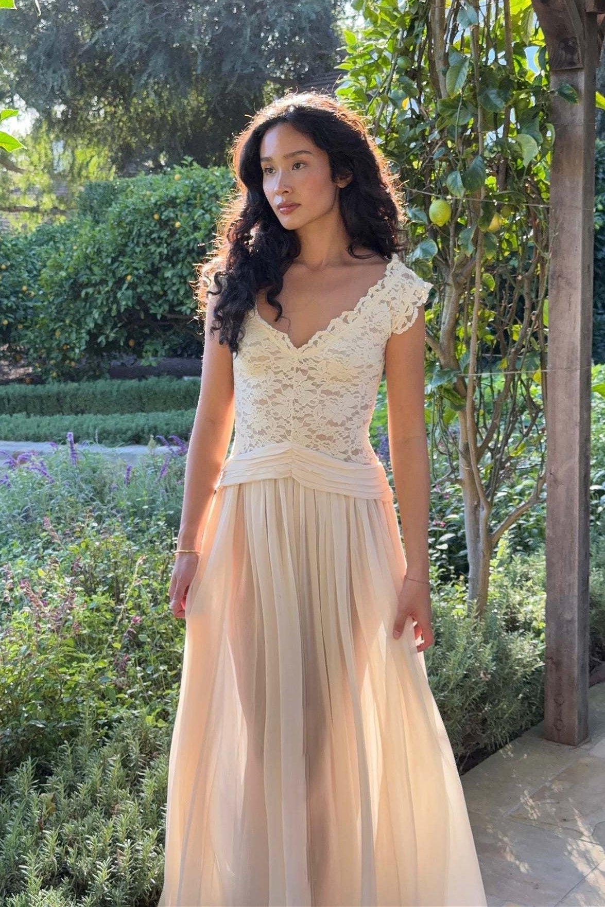Lace Bodice Off Shoulder Chiffon Maxi Bridal Gown