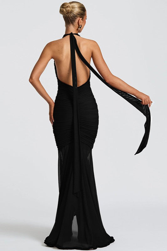 Elegant Mesh Paneled V Neck Halter Backless Long Formal Dress