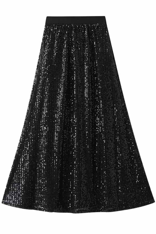 Golden Evening Sequin Elastic Waist Maxi Skirt - Fashionpara