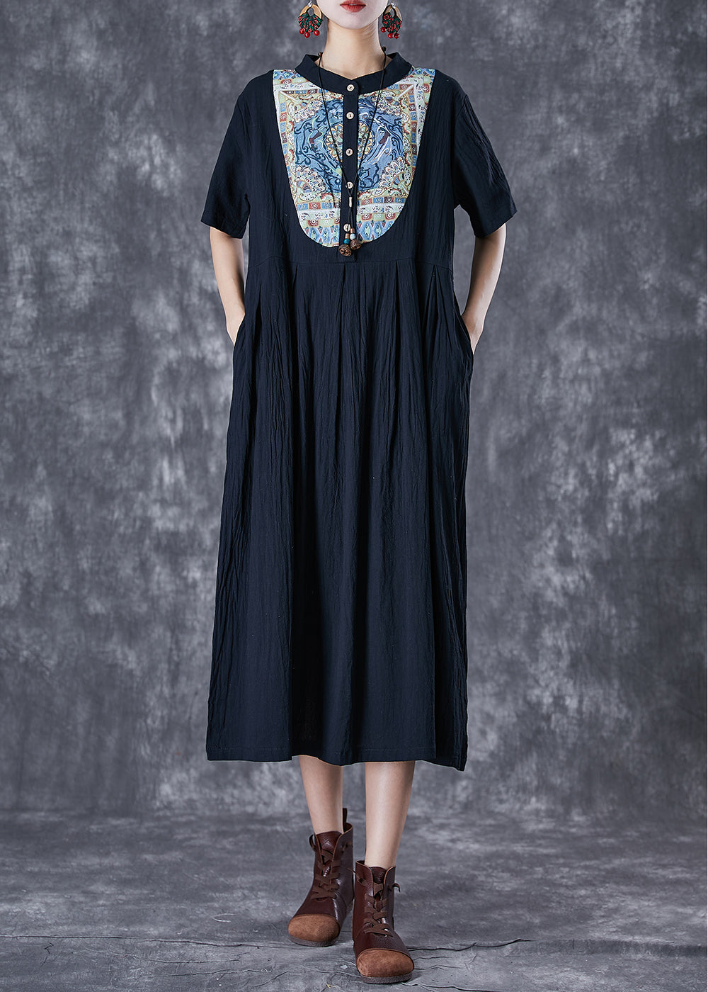 Stand Collar Short Sleeve Crinkle Woven Bib Panel Midi Dress
