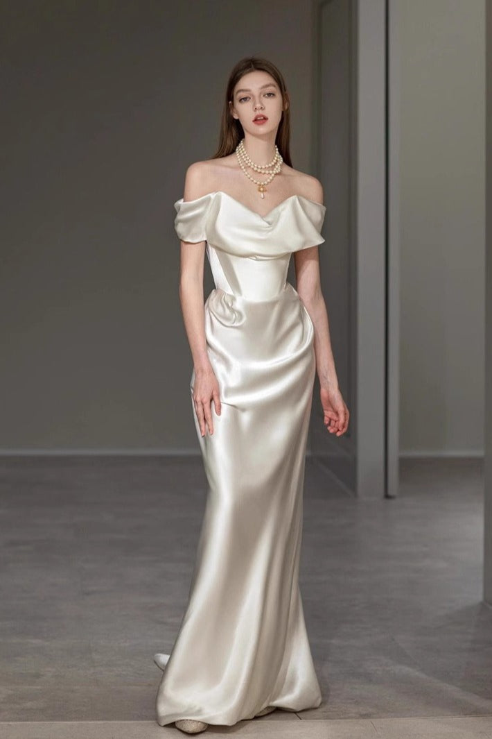 Elegant Off Shoulder Strap White Bridal Formal Dress - Fashionpara