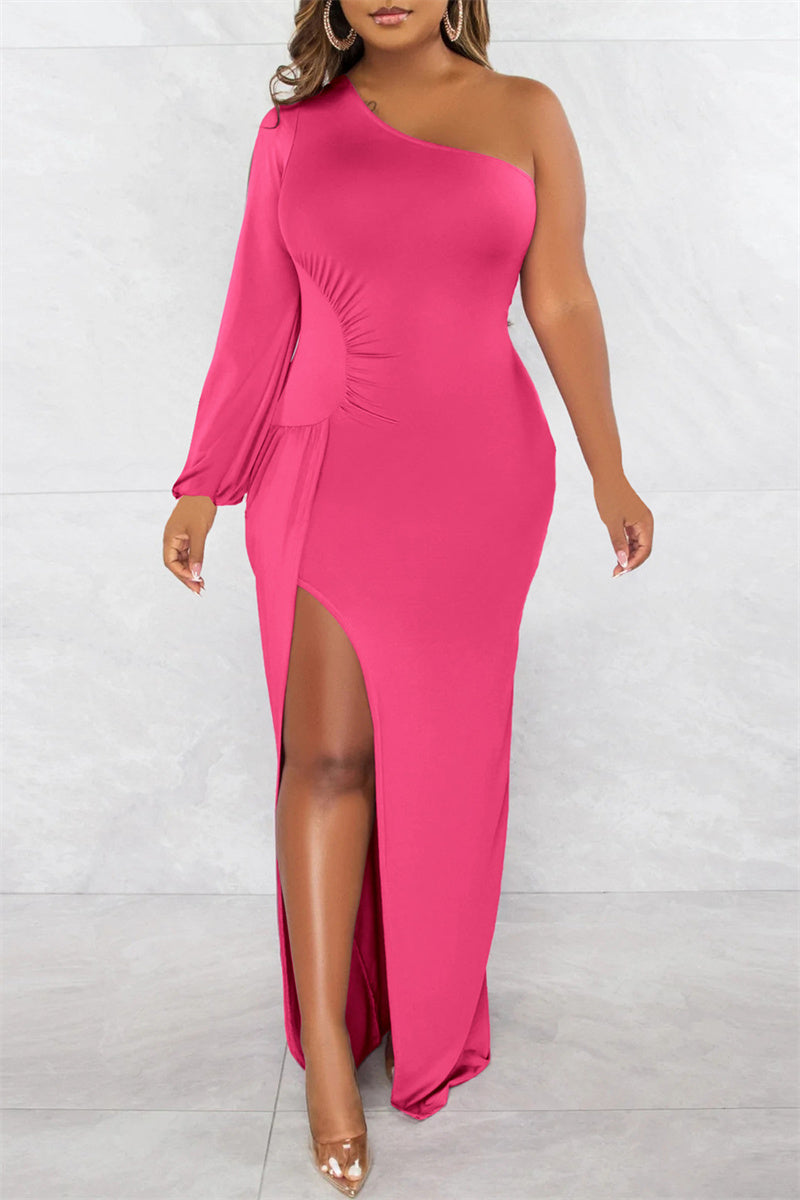 Sexy Formal Solid Backless Slit Oblique Collar Long Sleeve Dresses  Fashionpara