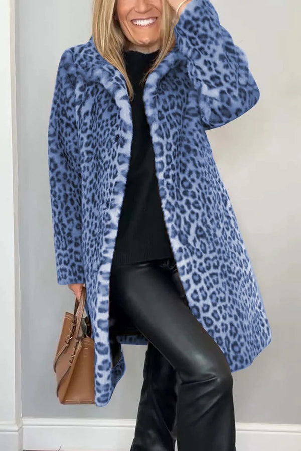 Lapel Leopard Print Plush Coat for Elegant Mid-Length Style