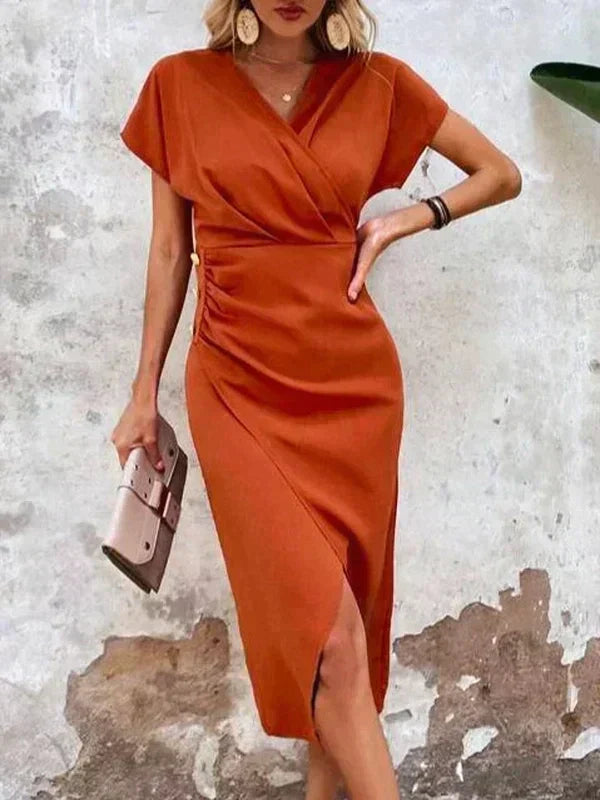Short Sleeve Deep V-Neck Ruched Wrap High Split Midi Dress - View 2