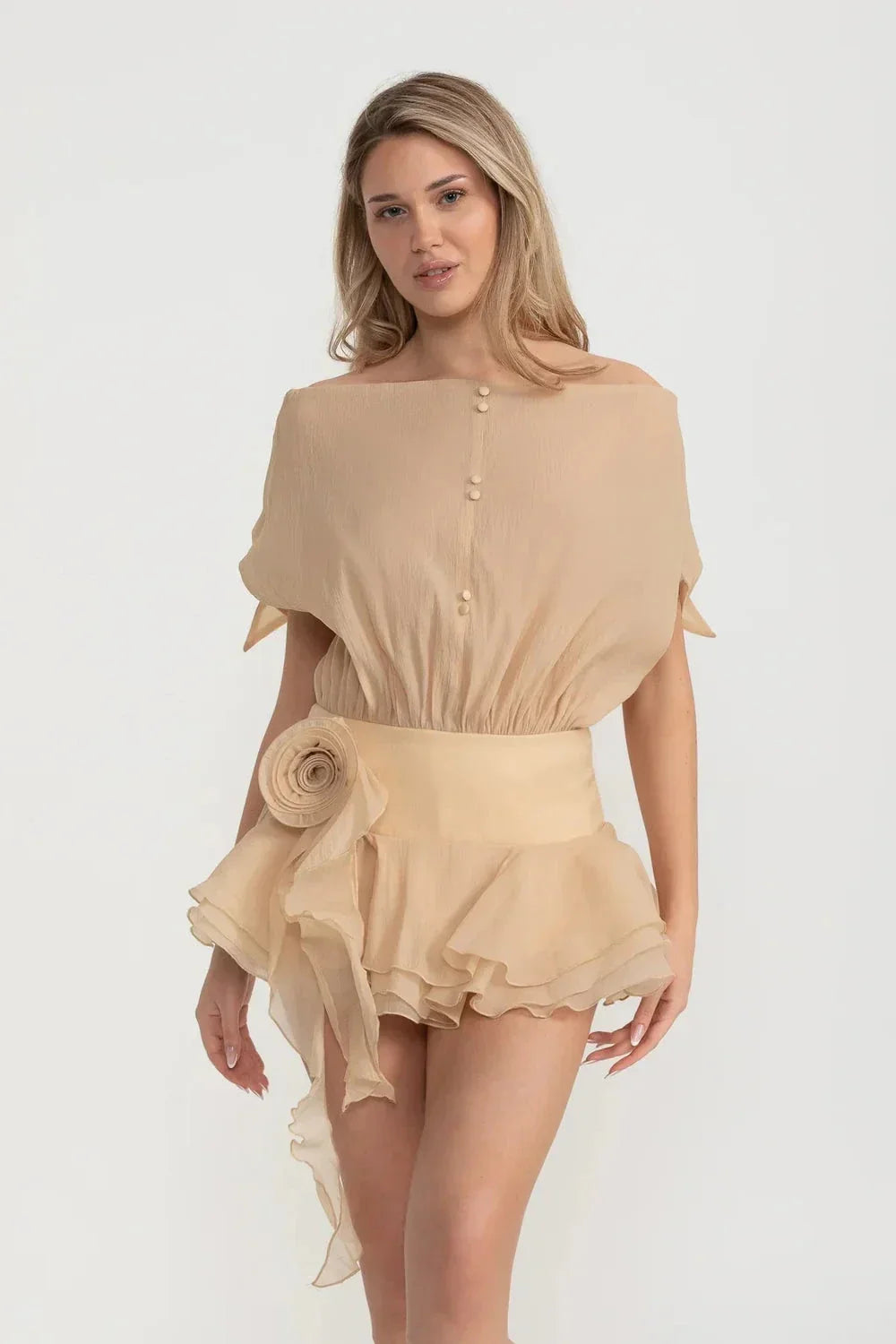 Off Shoulder Batwing Sleeve Button Front Rosette Waist Mini Dress