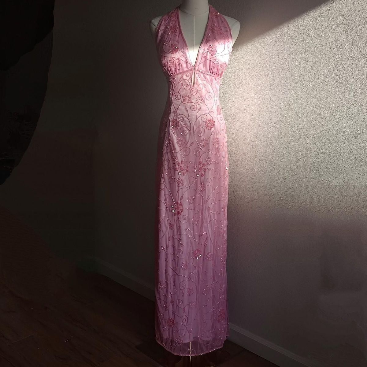 Pretty Halter V Neck Pink Satin Tulle Beaded Long Party Dress Birthday Outfits D1349