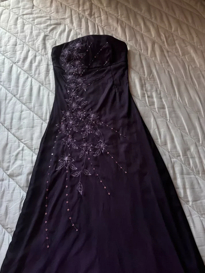 Vintage Strapless Purple Chiffon Satin Beaded Long Birthday Prom Dress Evening Gown D1599