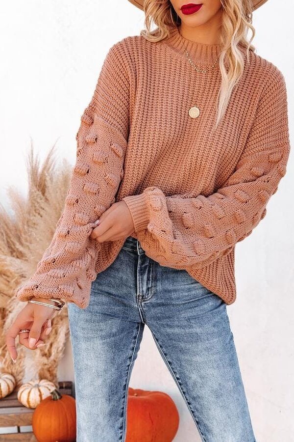 Textured Knit Sweater with Elegant Lantern Sleeves