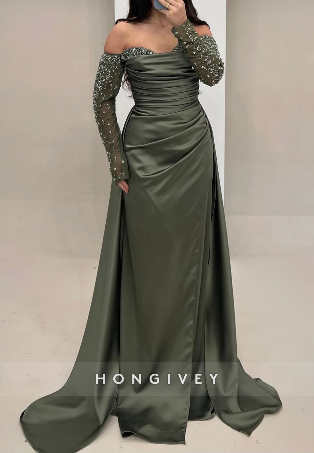 Satin Off the Shoulder Pleated Beading Long Sleeve Sweep Train Column Evening Gown