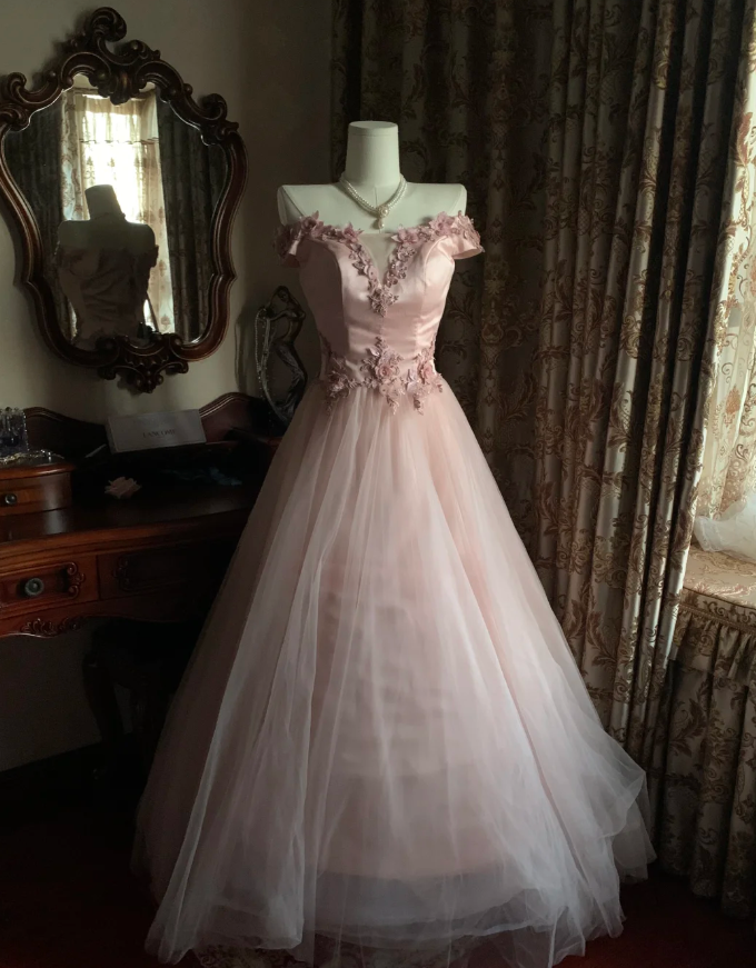 Sweet Pink Off The Shoulder Satin Tulle Appliques Long Birthday Party Dress Prom Gown D1748