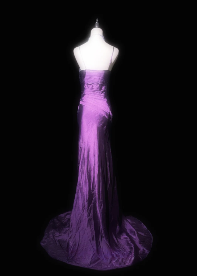 Sexy Spaghetti Straps Purple Satin Pleated Mermaid Long Prom Dress Evening Gown D984