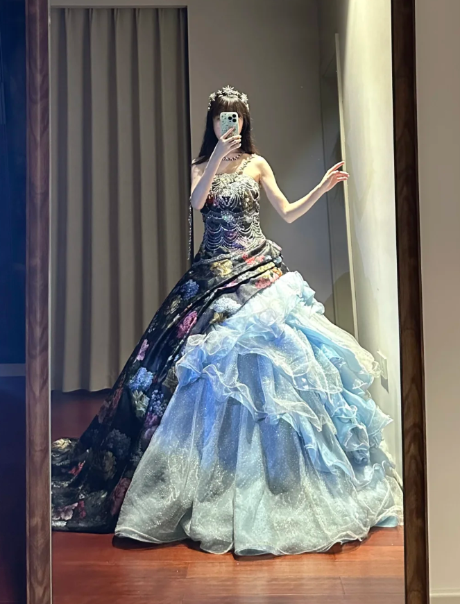 Unique Strapless Satin Print Floral Tulle Sequin Sweet 16 Dress Formal Quinceanera Dress D1699