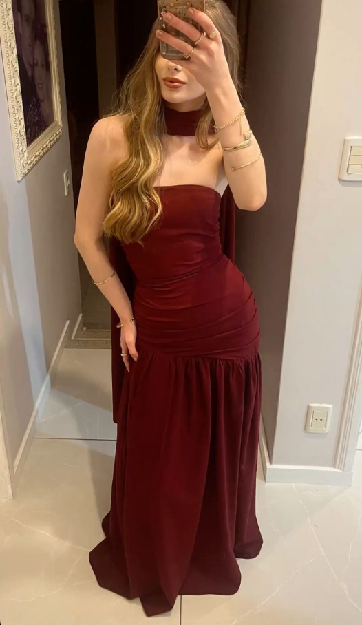 Classy Burgundy Strapless Satin Pleated Mermaid Prom Dress Birthday Party Dress With Scarf D1329
